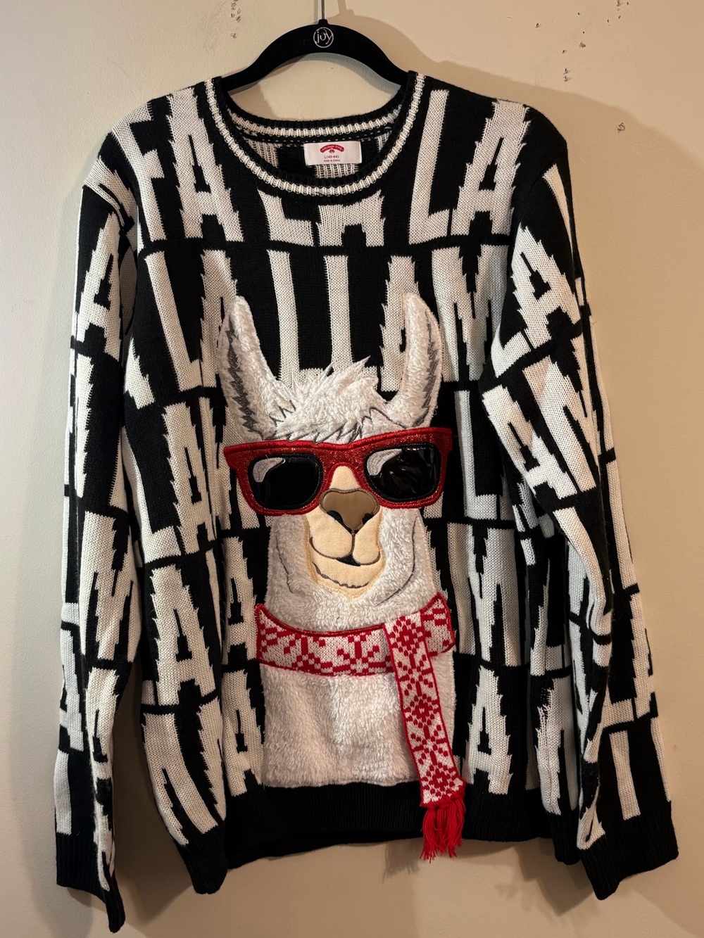 Holiday Time Fa La Llama ugly Christmas sweater llama black white festive large